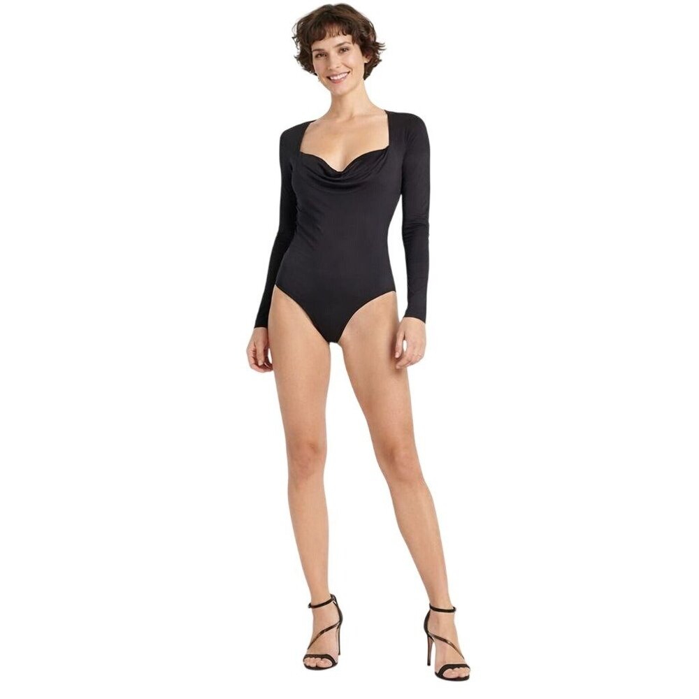 Zara Black Long Sleeve M Bodysuit With Square Neckline & Stretch Fabric